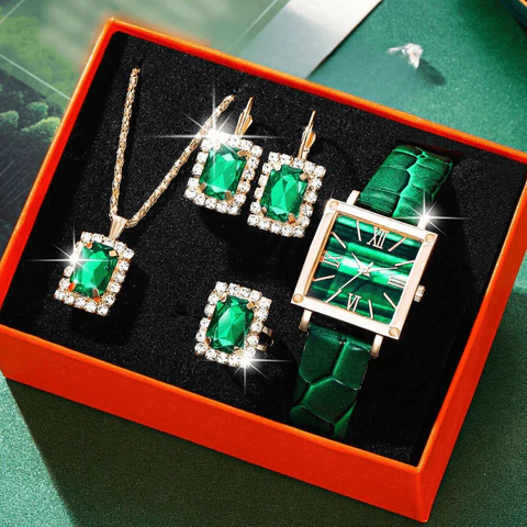 JOYERIA DE LUJO! SET ESMERALDA REAL (RELOJ, COLLAR, ANILLO Y ARETES)