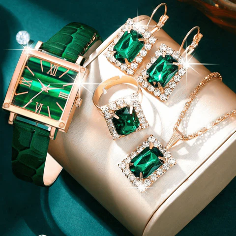 JOYERIA DE LUJO! SET ESMERALDA REAL (RELOJ, COLLAR, ANILLO Y ARETES)