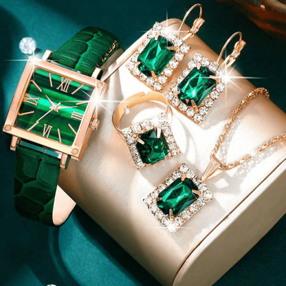 JOYERIA DE LUJO! SET ESMERALDA REAL (RELOJ, COLLAR, ANILLO Y ARETES)