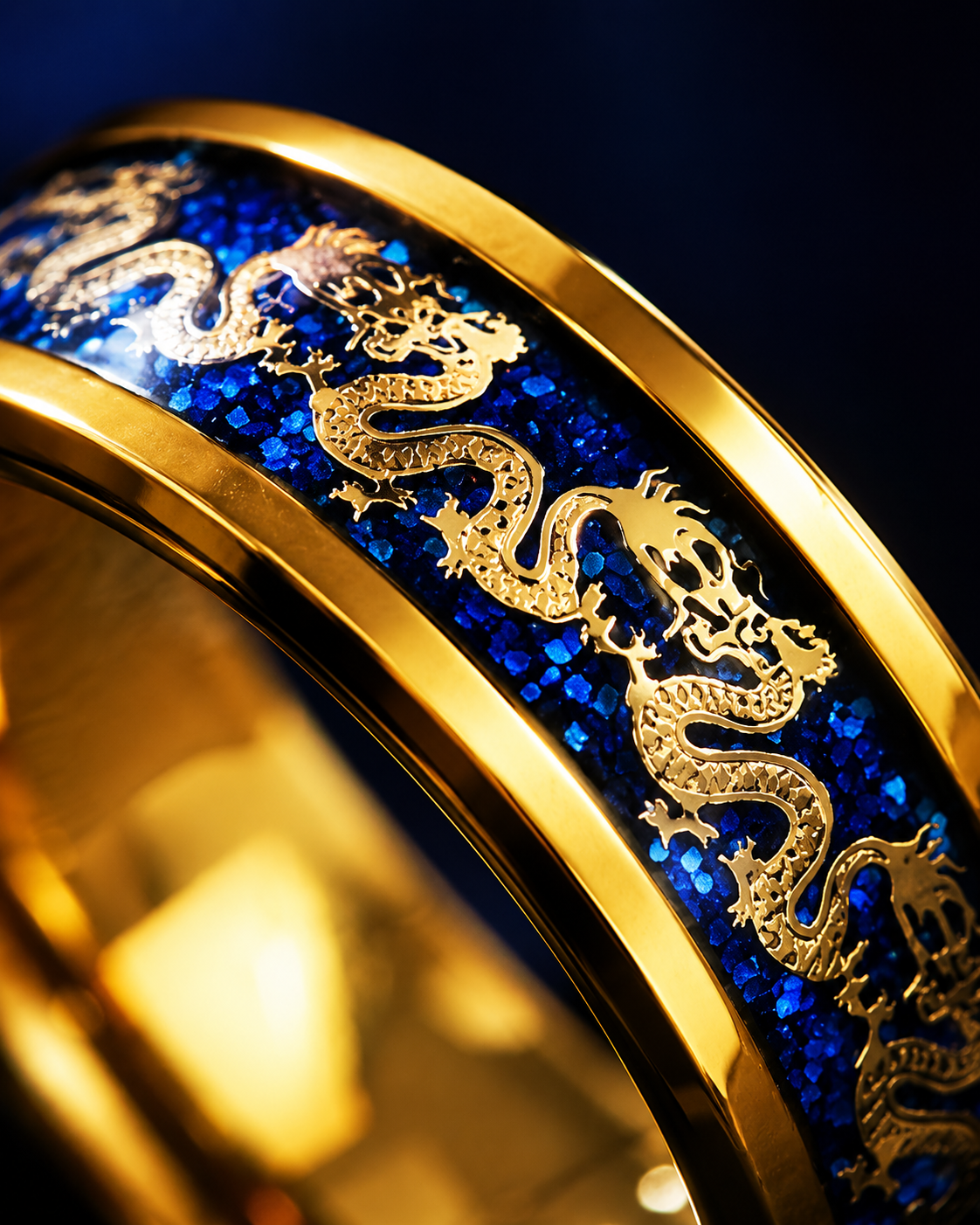 ANILLO DRAGÓN IMPERIAL™ · Anillo Dragón Chino Hombre Dorado Azul  · ACERO INOXIDABLE