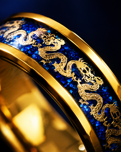 ANILLO DRAGÓN IMPERIAL™ · Anillo Dragón Chino Hombre Dorado Azul  · ACERO INOXIDABLE