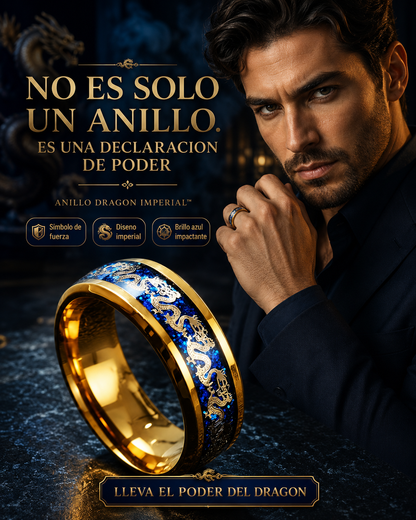 ANILLO DRAGÓN IMPERIAL™ · Anillo Dragón Chino Hombre Dorado Azul  · ACERO INOXIDABLE