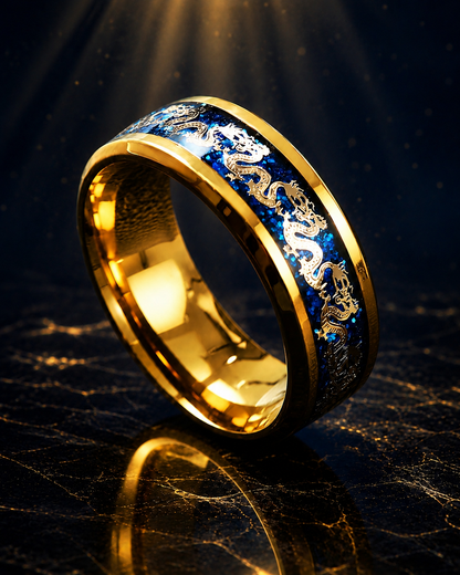 ANILLO DRAGÓN IMPERIAL™ · Anillo Dragón Chino Hombre Dorado Azul  · ACERO INOXIDABLE