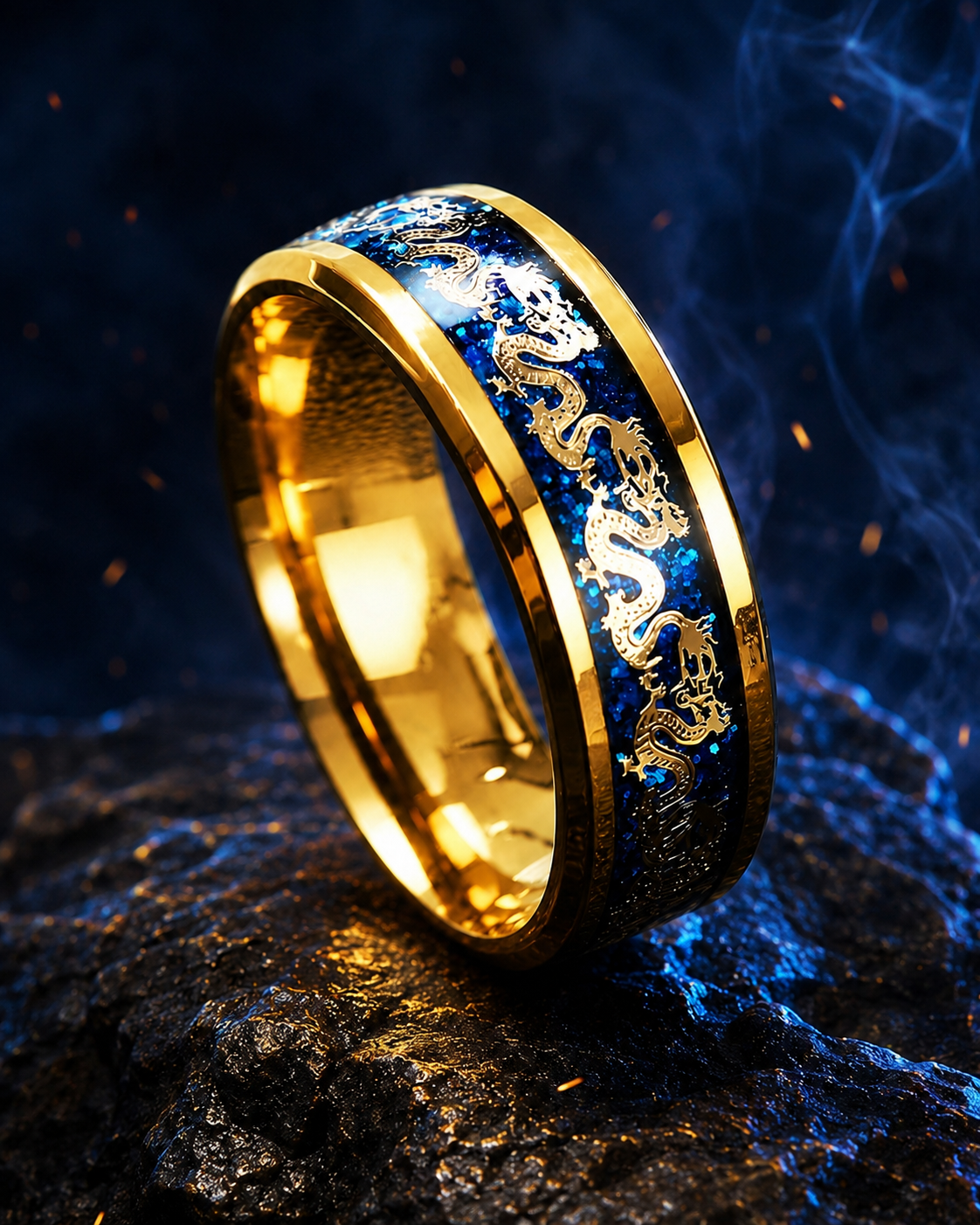 ANILLO DRAGÓN IMPERIAL™ · Anillo Dragón Chino Hombre Dorado Azul  · ACERO INOXIDABLE