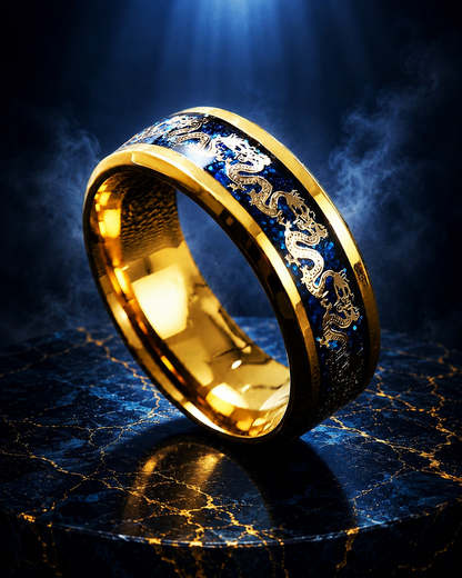 ANILLO DRAGÓN IMPERIAL™ · Anillo Dragón Chino Hombre Dorado Azul  · ACERO INOXIDABLE