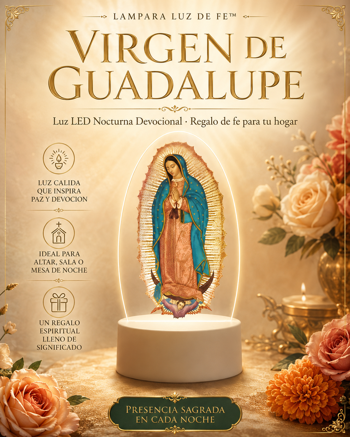 LÁMPARA LUZ DE FE™ · Virgen de Guadalupe · Luz LED Nocturna Devocional · Regalo