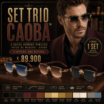 SET TRIO CAOBA™ · 3 Gafas Hombre Rimless · Patas de Madera · UV400