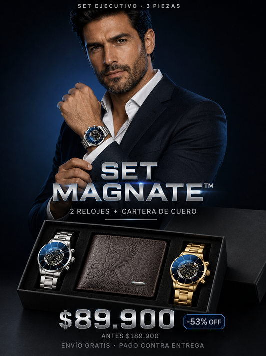 SET MAGNATE™ · 2 Relojes Hombre + Cartera de Cuero · Ejecutivo Edition