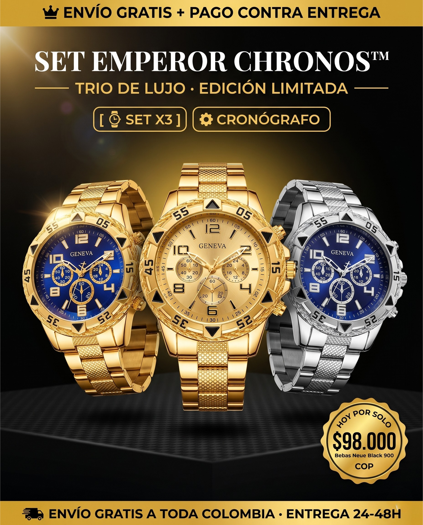 SET EMPEROR CHRONOS™ · 3 Relojes Hombre · Cronógrafo Acero Premium