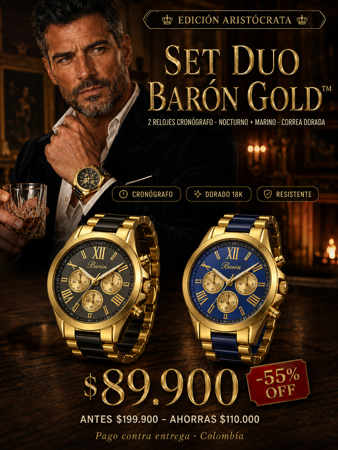 SET DUO BARÓN GOLD™ · 2 Relojes Hombre Cronógrafo Dorado · Aristócrata Edition