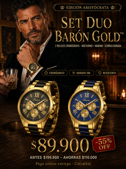 SET DUO BARÓN GOLD™ · 2 Relojes Hombre Cronógrafo Dorado · Aristócrata Edition
