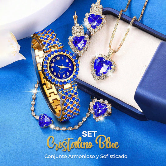 SET CRISTALINO BLUE | Reloj + collar + aretes + anillo + brazalete